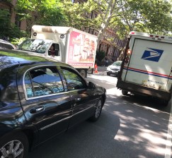 CB2 is trying to avoid this typical scene in residential areas: delivery trucks drouble-park and endanger cyclists and motorists. Photo: Gersh Kuntzman