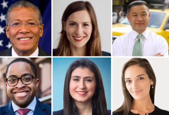 New faces in the State Senate next session (clockwise from top center): Alessandra Biaggi, John Liu, Julia Salazar, Jessica Ramos, Zellnor Myrie, and Robert Jackson.
