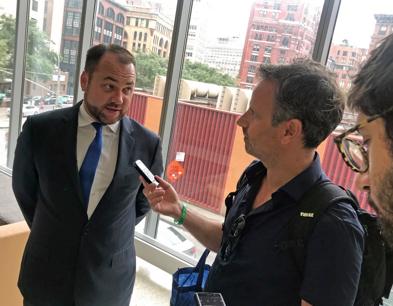 Council Speaker Corey Johnson with reporters. Photo: Gersh Kuntzman