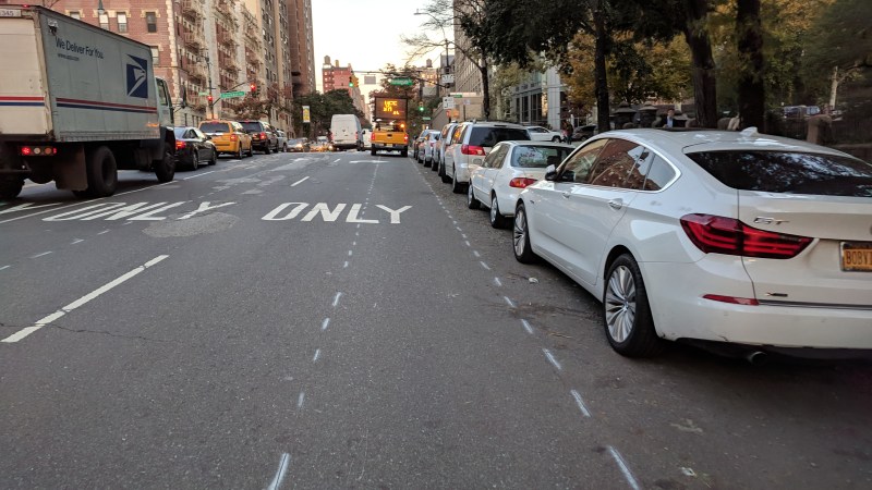 Bike lane markings on West 110th Street between Columbus Avenue and Manhattan Avenue. Photo: Mendy Haskel