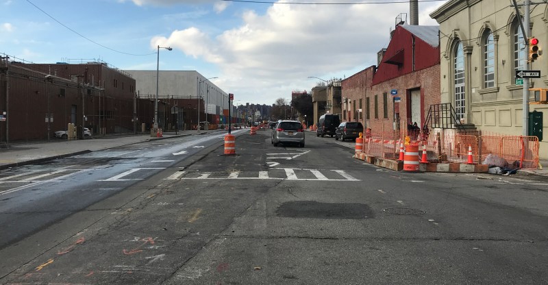 Big changes are coming to Kent Avenue in South Williamsburg, including a narrower sidewalk to accommodate the neighborhood's drivers. Photo: Gersh Kuntzman