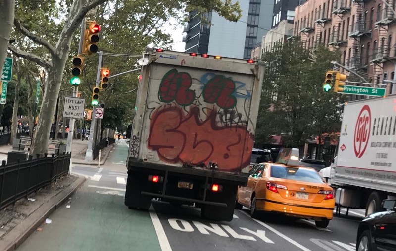Separate green light phases for cyclists and left-turning motorists, like the one pictured here, wind up forcing cyclists to stop every two or three blocks. Photo: Gersh Kuntzman