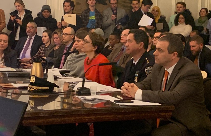 DOT Commissioner Polly Trottenberg, in red. To her right are NYPD Transportation Chief Thomas Chan and Legislative Affairs Director Oleg Chernyavsky. Photo: David Meyer