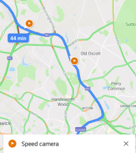 Here's a screen shot of what the Google Maps camera notification looks like in England. The speed cameras are marked in orange.