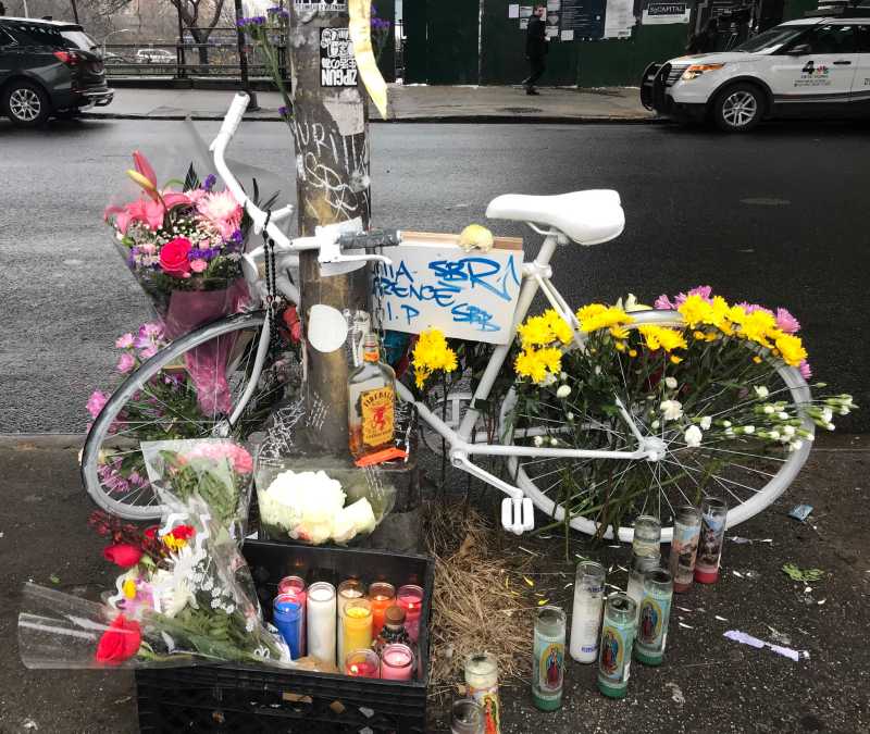 The ghost bike of Aurilla Lawrence was installed Friday afternoon, hours after she was killed by a hit-and-run truck driver in Brooklyn. Photo: Julianne Cuba.
