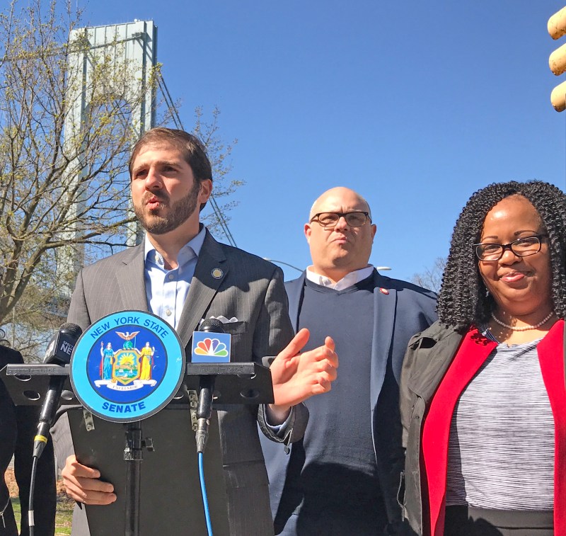 State Senator Andrew Gounardes (left), City Council Member Justin Brannan and Assembly Member Mathylde Frontus want some MTA money taken from subway and bus riders and given to drivers. Photo: Gersh Kuntzman
