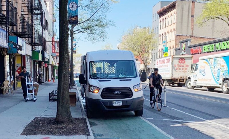 A truck delivering to The Sandwich Shop blocking the eastbound bike lane on Tuesday morning. Photo: David Meyer