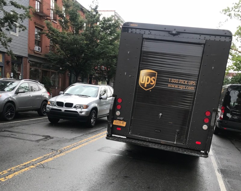 This double-parked UPS truck created a dangerous situation. Photo: Gersh Kuntzman