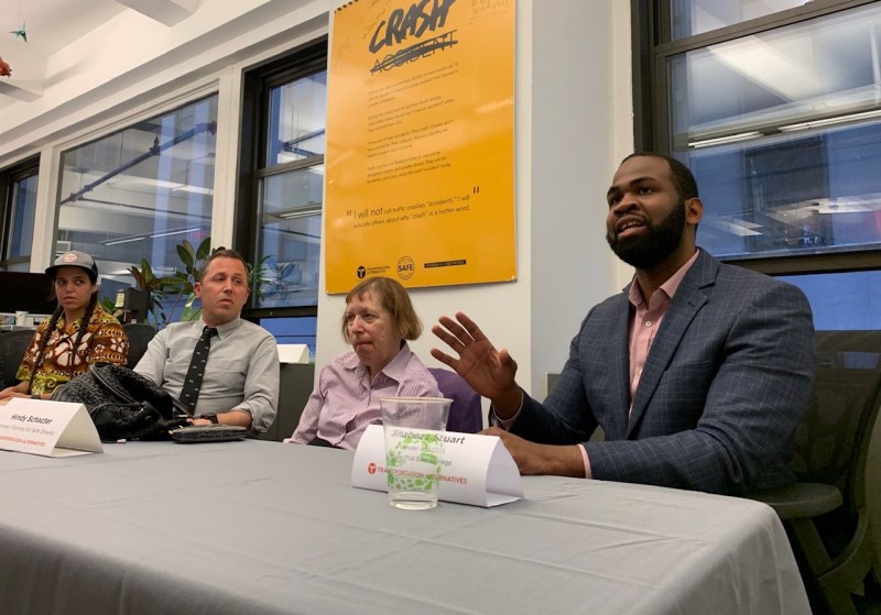 At Wednesday night's TA panel (from left) Camille Raneem of Kween Kargo Bike Shop; Doug Gordon, bike advocate and blogger; Hindy Schachter, member of Families for Safe Streets; and Shabazz Stuart of Oonee bike storage spoke about the need for a bike mayor. Photo: Joe Cutrufo