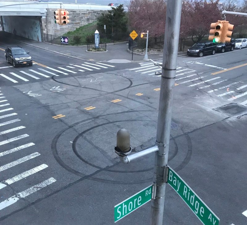 Skid marks left after drag racing in Bay Ridge. Photo: Justin Brannan.