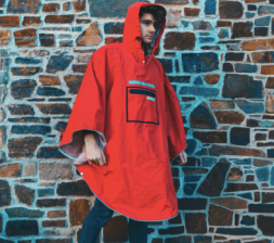 Here's a guy (not our editor) in a People's Poncho — whose front pouch is not waterproof.