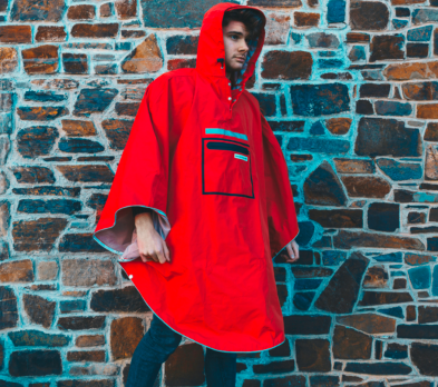 Here's a guy (not our editor) in a People's Poncho — whose front pouch is not waterproof.