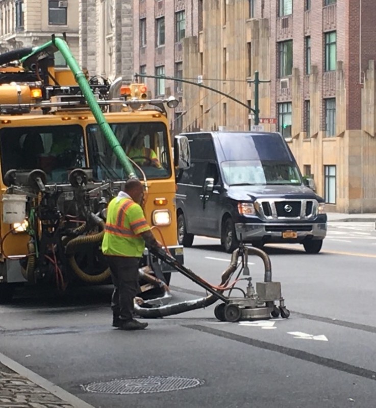 Work has begun on the Central Park West protected bike lane. Photo: Vivian Lipson