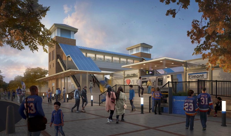 This state rendering does not show the shuttle buses that these Islander fans will have to board to get to their arena, which will sit at another LIRR station on the other side of Belmont Park.