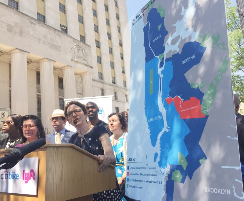 DOT Commissioner Polly Trottenberg showed off the new 2023 map for Citi Bike on Tuesday in the Bronx. Photo: Gersh Kuntzman