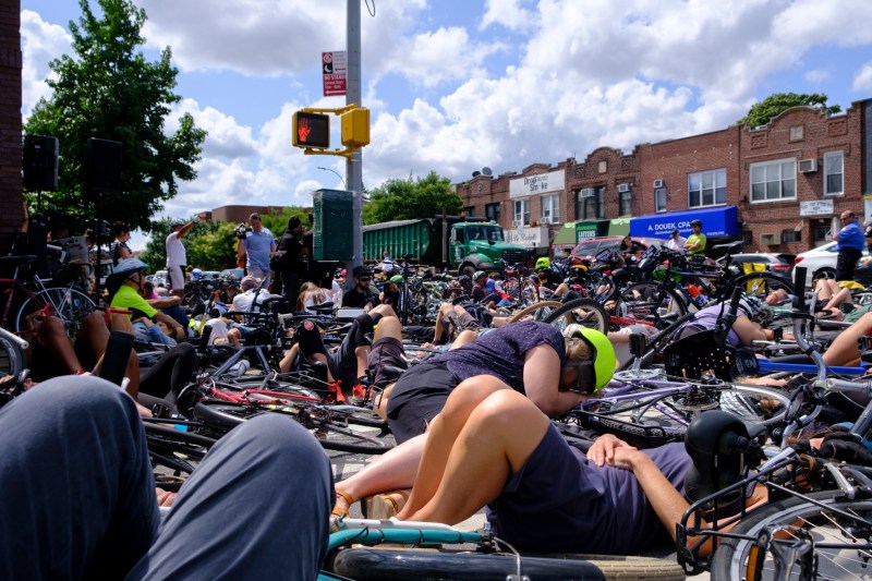 Cyclists staged a die-in at the intersection of Coney Island Avenue and Avenue L on Sunday to honor Jose Alzorriz — and demand change. Photo: Vladimir Vince