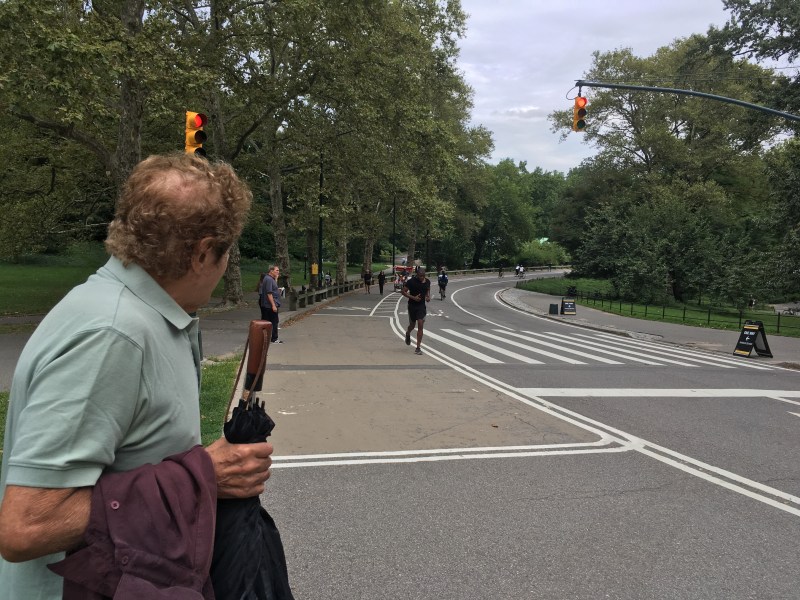 Yes, it's scary: A pedestrian peers at the Central Park intersection where a cyclist collided with a pedestrian Monday afternoon. Photo: Eve Kessler