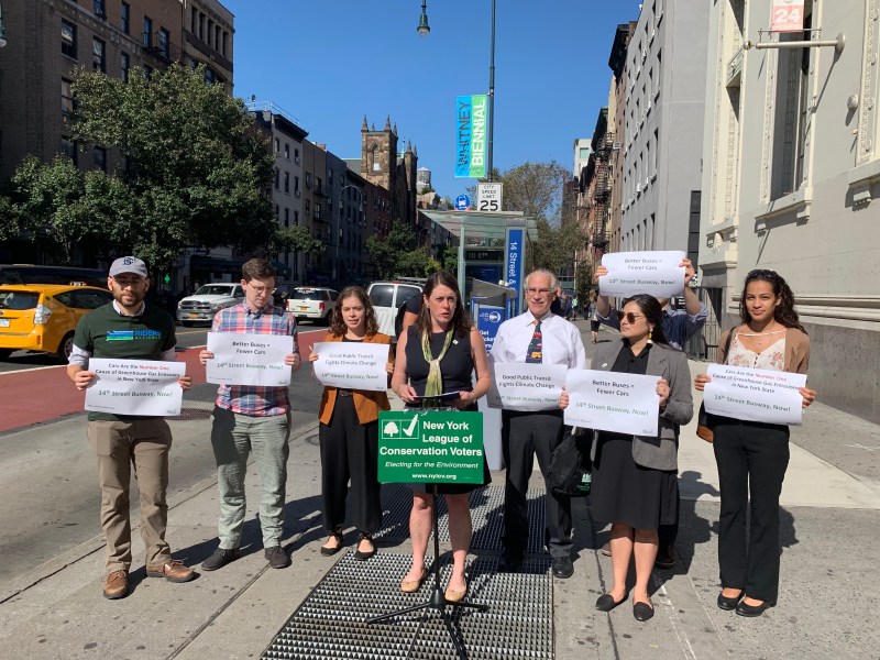 The New York League of Conservation Voters and other groups rallied to support the 14th St. busway yesterday. Photo: New York League of Conservation Voters