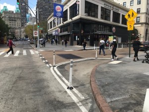 The entrance to the shared street on Pearl and Fulton. We love our curvy bumpouts. Photo by Dave Colon