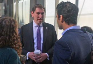 Council Member Chaim Deutsch talking to transportation activists Photo: Gersh Kuntzman