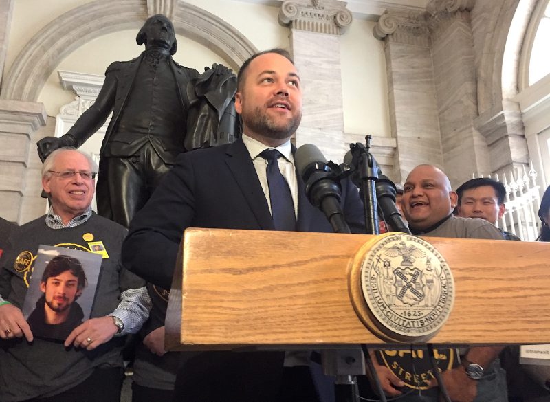 Harold Kahn is just behind Speaker Corey Johnson in this photo from Tuesday's rally. Photo: Gersh Kuntzman