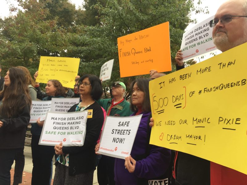 Advocates for safe streets rallied on Queens Boulevard on Sunday. Photo: Gersh Kuntzman