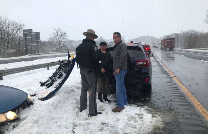 During Monday's storm, Gov. Cuomo stopped on an upstate highway to help a couple that had crashed. Whatta guy. Photo: Governor's Office