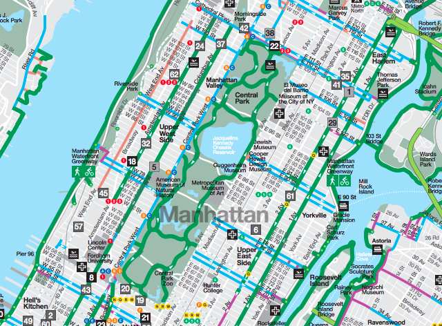 Ever notice how there are plenty of north-south protected bike lanes in and around Central Park, but no real protected route for cyclists between the East and West sides?