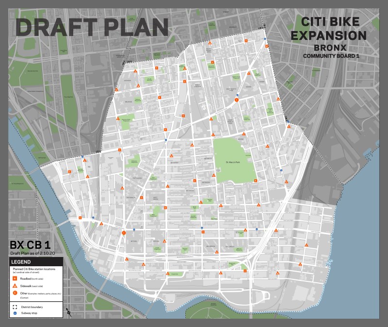 The draft plan for the Bronx puts 64 percent of the Citi Bike docks on the sidewalk (indicated by triangles). Photo: DOT