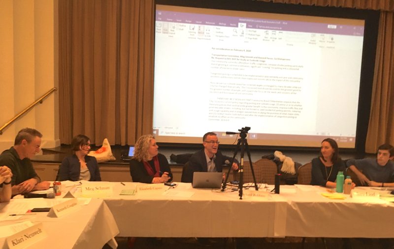 CB7 debated the resolution (seen onscreen) Tuesday night. Photo: Eve Kessler