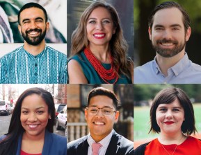 Free transit advocates (counterclockwise from top right): Congressional candidate Peter Harrison, plus Assembly candidates Jessica Gonza?lez-Rojas, Zohran Mamdani, Amanda Septimo, Boris Santos and Emily Gallagher.
