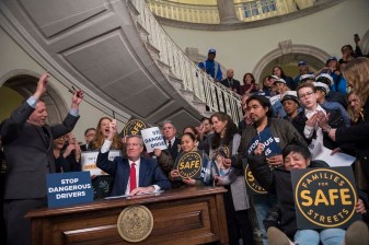 Mayor de Blasio signed a bill holding reckless drivers accountable on Wednesday. Photo: Ed Reed/Mayoral Photography Office