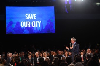 Mayor de Blasio — back before masks — when he gave the State of the City when the city was in a very different state. File photo: Michael Appleton/Mayoral Photography Office