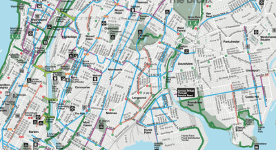 There is virtually no on-street protected lanes (green lines) in a key portion of the Bronx. Most bike lanes are mere painted lanes (blue) or sharrows (purple).