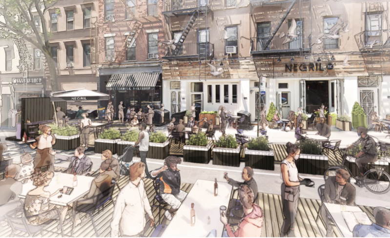 Famed restaurant architect David Rockwell created this idea for outdoor space — showing the Park Slope restaurant Negril — for the New York City Hospitality Alliance. Photo: Rockwell Group