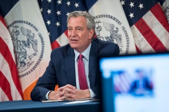 Virtual de Blasio on Tuesday. Photo: Ed Reed/Mayoral Photography Office