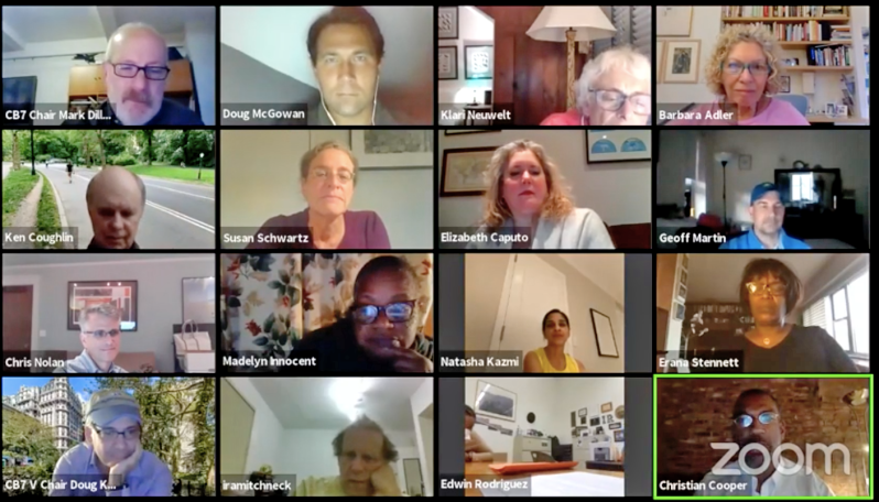 Community Board 7's committee meeting on Tuesday night featured Chris Cooper (bottom right corner), the birder who was threatened by a dog walker in Central Park last month.