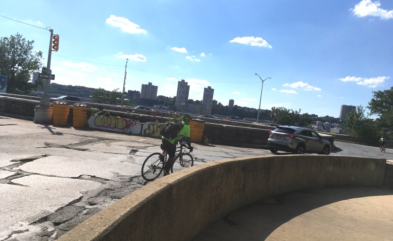 Cyclists and drivers mix in the traffic circle atop the Riverside Park Rotunda. Photo: Eve Kessler
