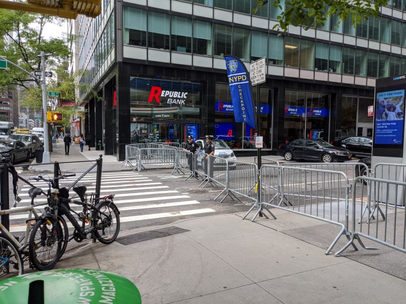 Barricades and a so-called NYPD checkpoint outside the 17th Precinct. Photo: Jake Schmidt