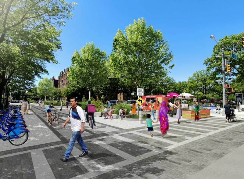 Here's how a coalition of Queens groups, backed by Citi Bike operator Lyft, believe 34th Avenue in Jackson Heights could be transformed. Graphic: Street Plans