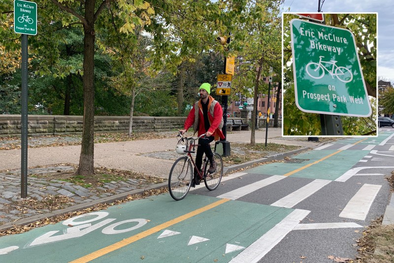 A cyclist enjoys the Prospect Park West bike lane — not noticing its subtle renaming (inset). Photo: Gersh Kuntzman