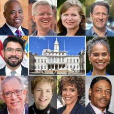 The mayoral candidates pictured with the building of their dreams.