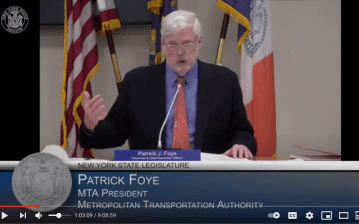 MTA Chairman and CEO Pat Foye, seen here presumably uttering Bill Goldberg's immortal words, "Who's next?"