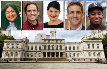 Top candidates in the 39th Council district include (from left) Shahana Hanif, Justin Krebs, Briget Rein, Doug Schneider and Brandon West.