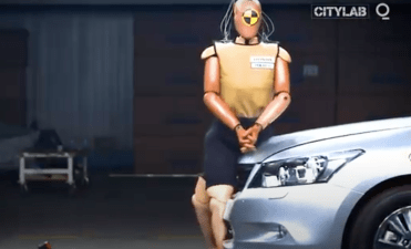 A driver hits a crash test dummy in a simulation.