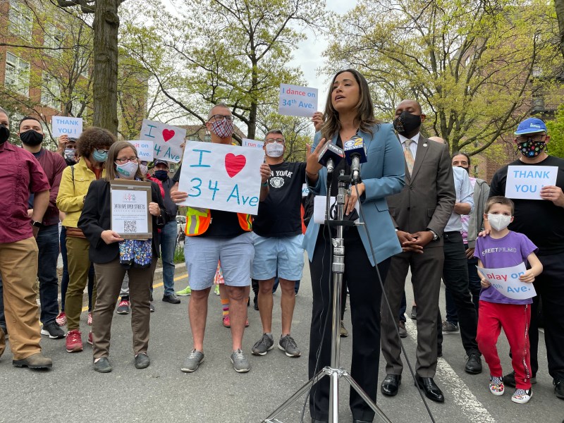 Carlina Rivera and open streets supporters rally at the 34th Avenue open street on Thursday morning. Photo: Dave Colon