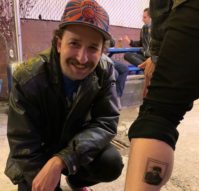 That's the real Dave Colon (left) and an inked facsimile on the calf of Noah Hurowitz. Photo: Sophie Kleeman