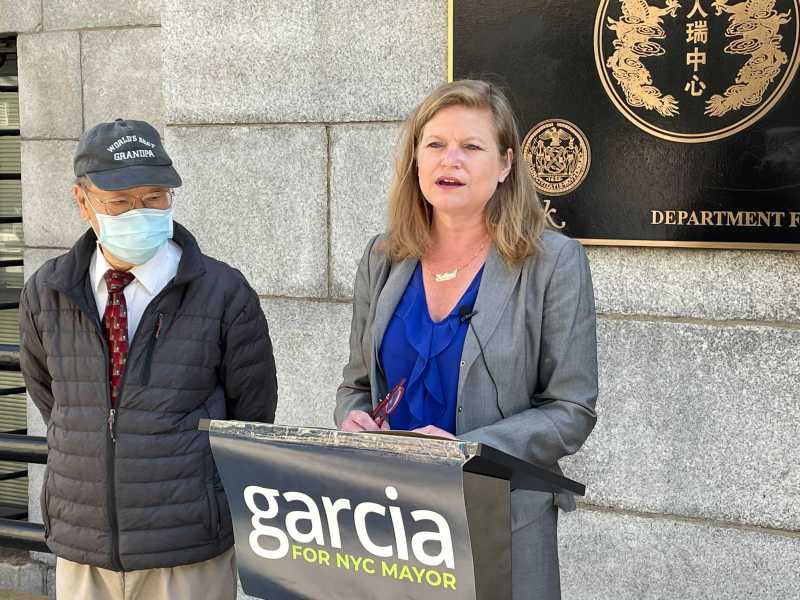 Kathryn Garcia speaks outside a Chinatown senior center on May 13th, 2021.