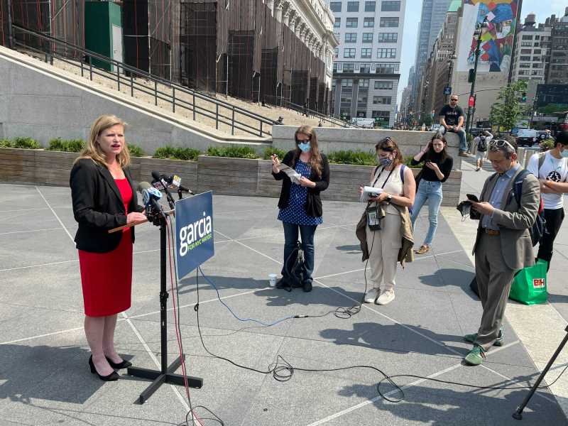 Mayoral candidate Kathryn Garcia talks to reporters outside Moynihan station.