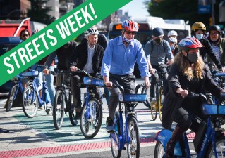 The mayor (seen on Tuesday on a Citi Bike!) says he will complete three more busways this year. Photo: Michael Appleton/Mayoral Photography Office